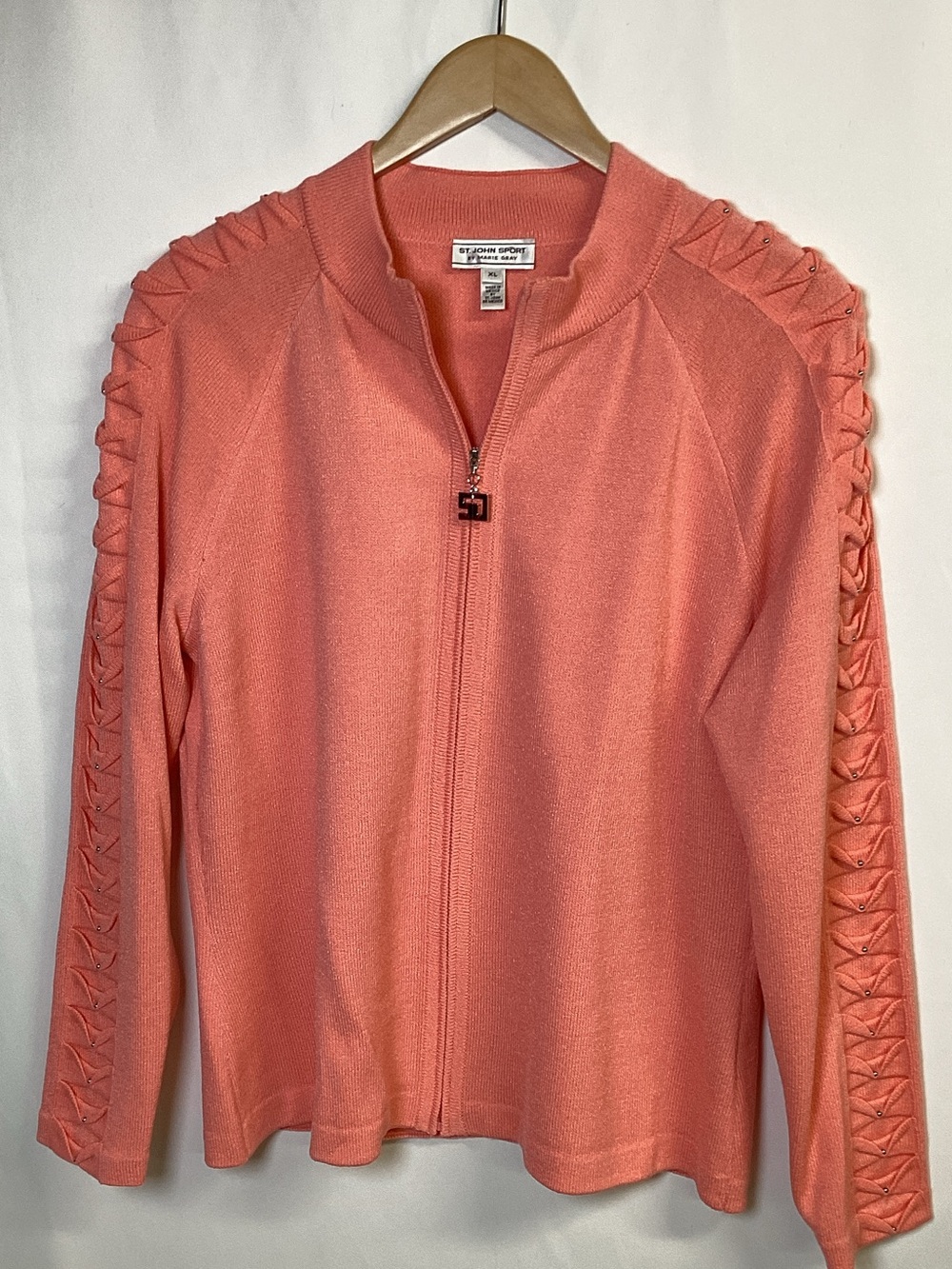 ST. JOHN SPORT by Marie Gray Knit Peach Zip Up Cardigan Beaded Sleeves Size XL